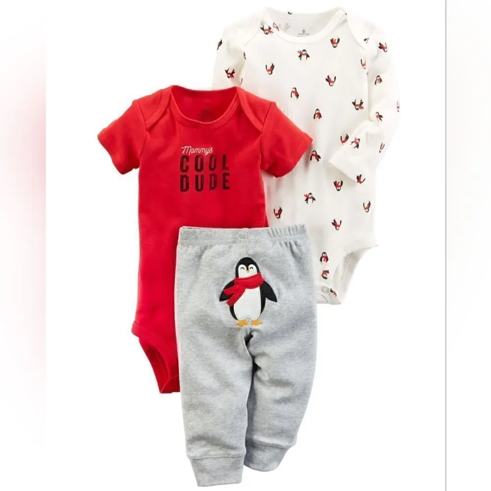 Carter's 3 Piece Set Penguin Bodysuits Pants Mommy's Cool Dude Red White Grey 6M